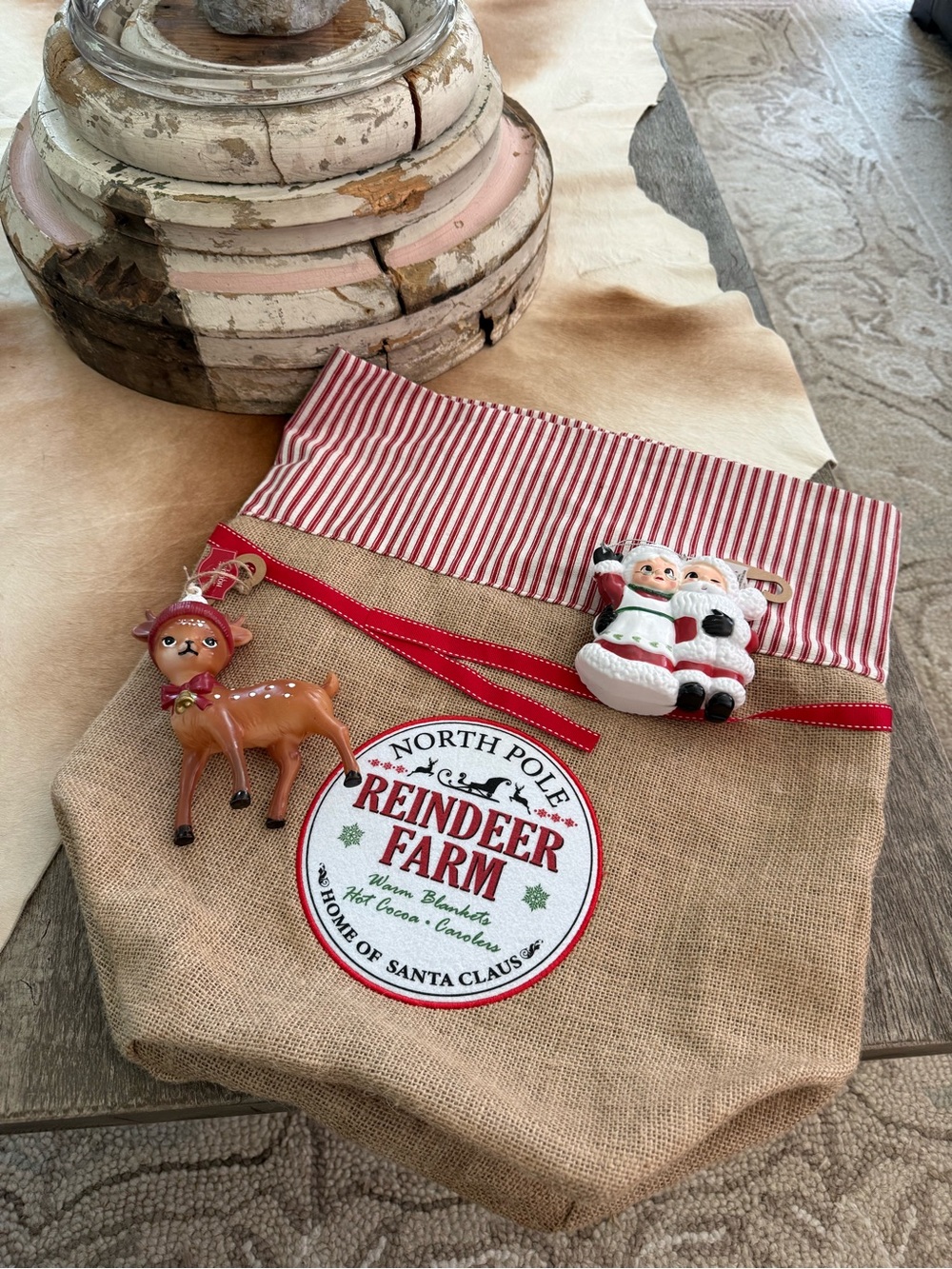 NWT Bundle of  3 Christmas Blow Mold Ornaments and Burlap Sack